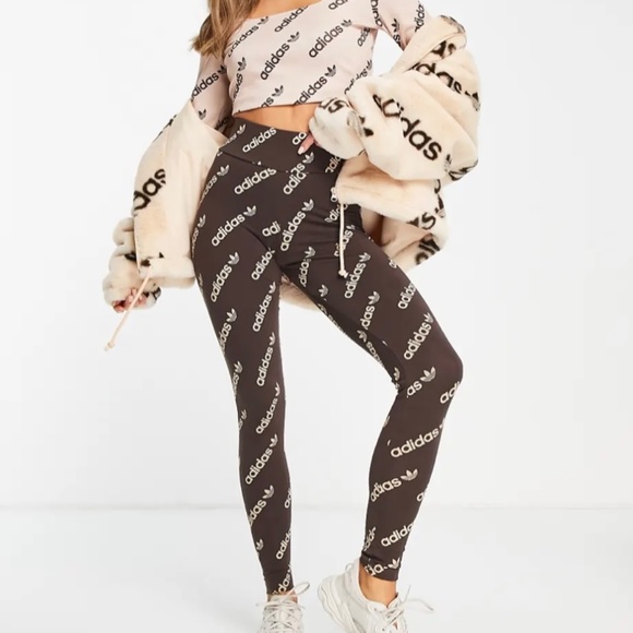 Adidas Originals Woman Logomania Repeat Logo Monogram Leggings Brown & Tan - Picture 6 of 7